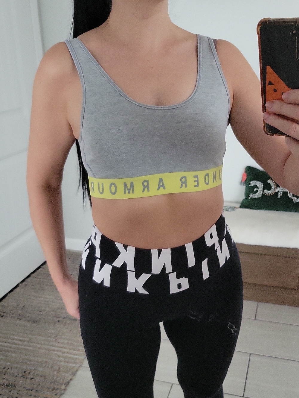 Under Armour Light Gray Sports Bra with Yellow Logo Band